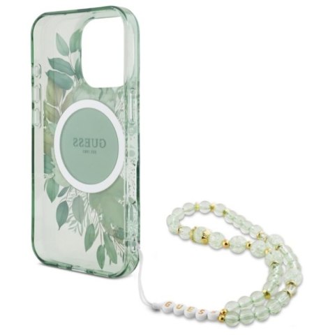Guess IML Flowers With Pearl Strap MagSafe - Etui iPhone 16 Pro (zielony) Guess IML Flowers With Pearl Strap MagSafe - Etui iPhone 16 Pro (zielony)