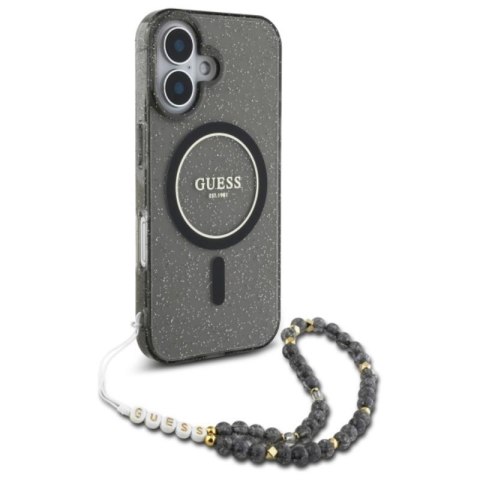 Guess IML Glitter With Pearl Strap MagSafe - Etui iPhone 16 (czarny) Guess IML Glitter With Pearl Strap MagSafe - Etui iPhone 16 (czarny)