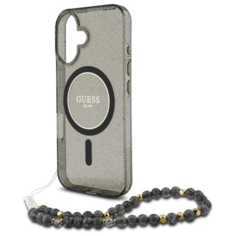 Guess IML Glitter With Pearl Strap MagSafe - Etui iPhone 16 (czarny) Guess IML Glitter With Pearl Strap MagSafe - Etui iPhone 16 (czarny)