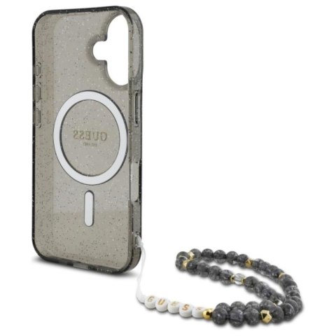 Guess IML Glitter With Pearl Strap MagSafe - Etui iPhone 16 (czarny) Guess IML Glitter With Pearl Strap MagSafe - Etui iPhone 16 (czarny)