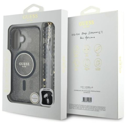 Guess IML Glitter With Pearl Strap MagSafe - Etui iPhone 16 (czarny) Guess IML Glitter With Pearl Strap MagSafe - Etui iPhone 16 (czarny)