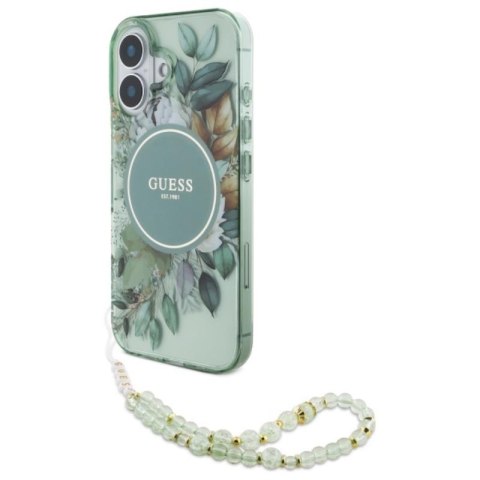 Guess IML Flowers With Pearl Strap MagSafe - Etui iPhone 16 Plus (zielony) Guess IML Flowers With Pearl Strap MagSafe - Etui iPhone 16 Plus (zielony)