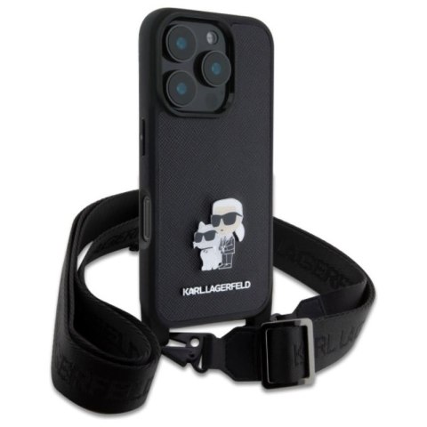 Karl Lagerfeld Saffiano Karl & Choupette Metal Pin CBDY Strap - Etui iPhone 16 Pro Max (czarny) Karl Lagerfeld Saffiano Karl & Choupette Metal Pin CBDY Strap - Etui iPhone 16 Pro Max (czarny)