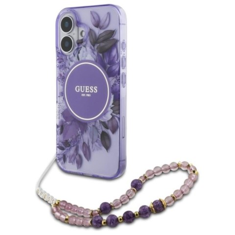 Guess IML Flowers With Pearl Strap MagSafe - Etui iPhone 16 Plus (fioletowy) Guess IML Flowers With Pearl Strap MagSafe - Etui iPhone 16 Plus (fioletowy)