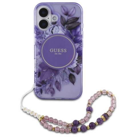 Guess IML Flowers With Pearl Strap MagSafe - Etui iPhone 16 Plus (fioletowy) Guess IML Flowers With Pearl Strap MagSafe - Etui iPhone 16 Plus (fioletowy)