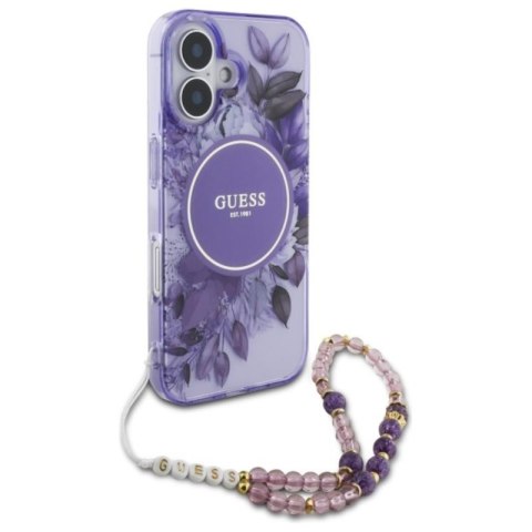 Guess IML Flowers With Pearl Strap MagSafe - Etui iPhone 16 Plus (fioletowy) Guess IML Flowers With Pearl Strap MagSafe - Etui iPhone 16 Plus (fioletowy)