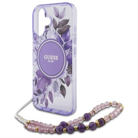 Guess IML Flowers With Pearl Strap MagSafe - Etui iPhone 16 Plus (fioletowy) Guess IML Flowers With Pearl Strap MagSafe - Etui iPhone 16 Plus (fioletowy)