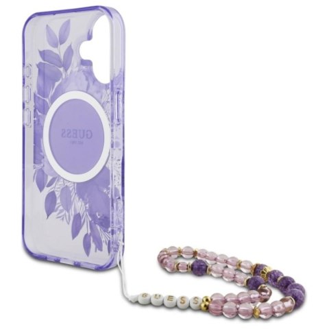 Guess IML Flowers With Pearl Strap MagSafe - Etui iPhone 16 Plus (fioletowy) Guess IML Flowers With Pearl Strap MagSafe - Etui iPhone 16 Plus (fioletowy)