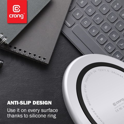 Crong PowerSpot Fast Wireless Charger - Aluminiowa ładowarka bezprzewodowa Qi 15W USB-C z powłoką ze szkła hartowanego (Silver W Crong PowerSpot Fast Wireless Charger - Aluminiowa ładowarka bezprzewodowa Qi 15W USB-C z powłoką ze szkła hartowanego (Silver W