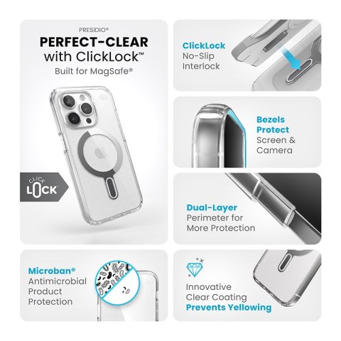 Speck Presidio Perfect-Clear ClickLock & Magsafe - Etui iPhone 15 Pro (Clear / Chrome Finish / Serene Silver) Speck Presidio Perfect-Clear ClickLock & Magsafe - Etui iPhone 15 Pro (Clear / Chrome Finish / Serene Silver)