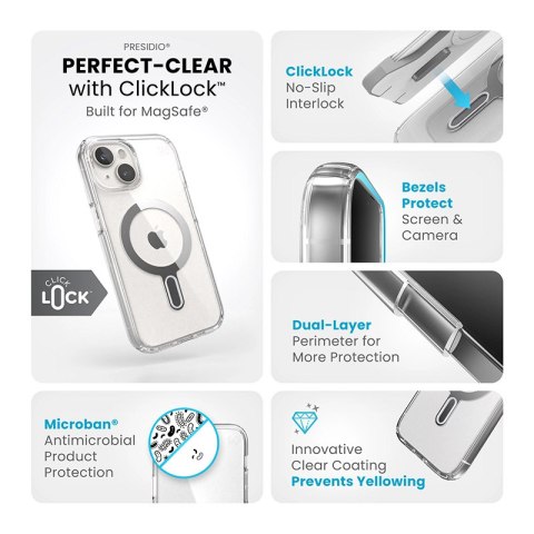 Speck Presidio Perfect-Clear ClickLock & Magsafe - Etui iPhone 15 / iPhone 14 / iPhone 13 (Clear / Chrome Finish / Serene Silver Speck Presidio Perfect-Clear ClickLock & Magsafe - Etui iPhone 15 / iPhone 14 / iPhone 13 (Clear / Chrome Finish / Serene Silver