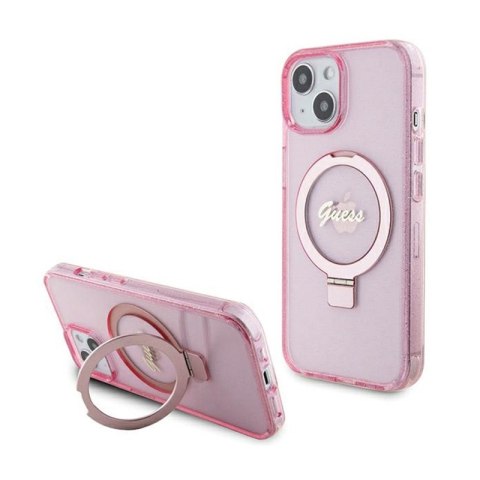 Guess Ring Stand Script Glitter MagSafe - Etui iPhone 15 Plus (różowy) Guess Ring Stand Script Glitter MagSafe - Etui iPhone 15 Plus (różowy)