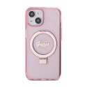 Guess Ring Stand Script Glitter MagSafe - Etui iPhone 15 Plus (różowy)