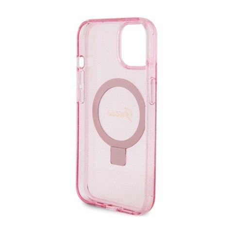 Guess Ring Stand Script Glitter MagSafe - Etui iPhone 15 Plus (różowy) Guess Ring Stand Script Glitter MagSafe - Etui iPhone 15 Plus (różowy)