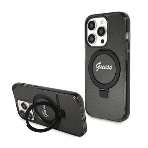 Guess Ring Stand Script Glitter MagSafe - Etui iPhone 15 Pro (czarny) Guess Ring Stand Script Glitter MagSafe - Etui iPhone 15 Pro (czarny)