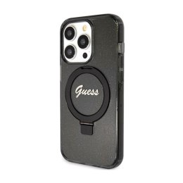 Guess Ring Stand Script Glitter MagSafe - Etui iPhone 15 Pro (czarny)