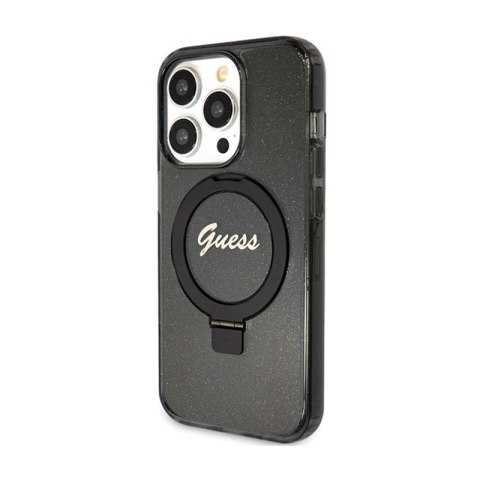 Guess Ring Stand Script Glitter MagSafe - Etui iPhone 15 Pro (czarny) Guess Ring Stand Script Glitter MagSafe - Etui iPhone 15 Pro (czarny)