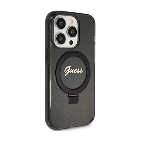 Guess Ring Stand Script Glitter MagSafe - Etui iPhone 15 Pro (czarny) Guess Ring Stand Script Glitter MagSafe - Etui iPhone 15 Pro (czarny)