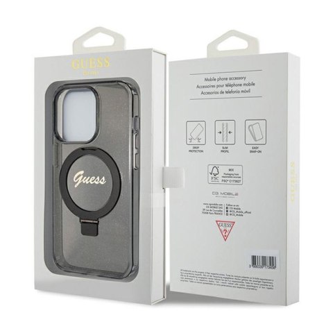 Guess Ring Stand Script Glitter MagSafe - Etui iPhone 15 Pro (czarny) Guess Ring Stand Script Glitter MagSafe - Etui iPhone 15 Pro (czarny)