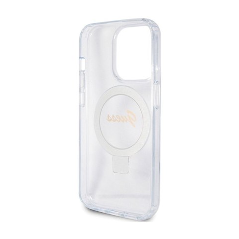 Guess Ring Stand Script Glitter MagSafe - Etui iPhone 15 Pro (przezroczysty) Guess Ring Stand Script Glitter MagSafe - Etui iPhone 15 Pro (przezroczysty)