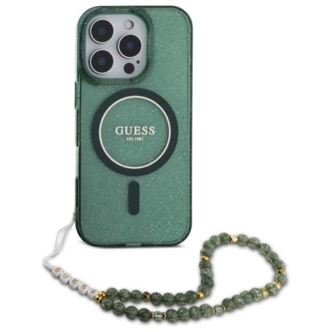 Guess IML Glitter With Pearl Strap MagSafe - Etui iPhone 16 Pro Max (zielony) Guess IML Glitter With Pearl Strap MagSafe - Etui iPhone 16 Pro Max (zielony)