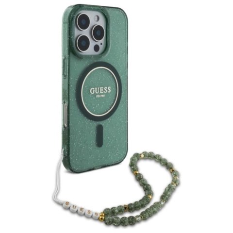 Guess IML Glitter With Pearl Strap MagSafe - Etui iPhone 16 Pro Max (zielony) Guess IML Glitter With Pearl Strap MagSafe - Etui iPhone 16 Pro Max (zielony)