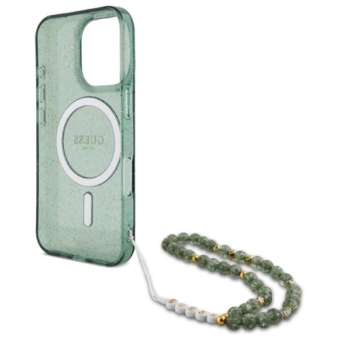 Guess IML Glitter With Pearl Strap MagSafe - Etui iPhone 16 Pro Max (zielony) Guess IML Glitter With Pearl Strap MagSafe - Etui iPhone 16 Pro Max (zielony)