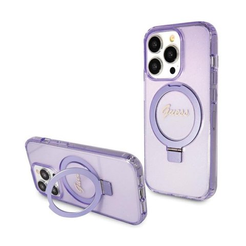 Guess Ring Stand Script Glitter MagSafe - Etui iPhone 15 Pro Max (fioletowy) Guess Ring Stand Script Glitter MagSafe - Etui iPhone 15 Pro Max (fioletowy)