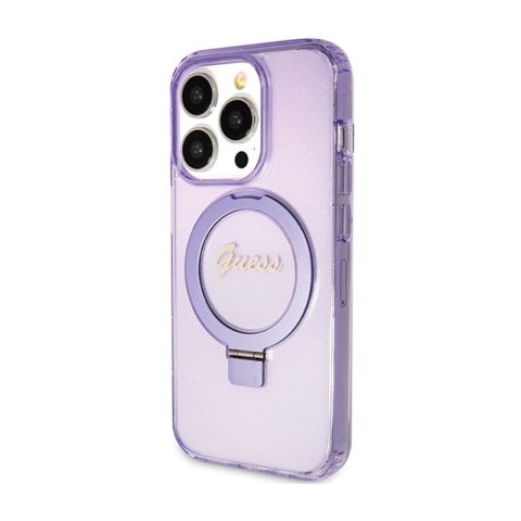 Guess Ring Stand Script Glitter MagSafe - Etui iPhone 15 Pro Max (fioletowy) Guess Ring Stand Script Glitter MagSafe - Etui iPhone 15 Pro Max (fioletowy)