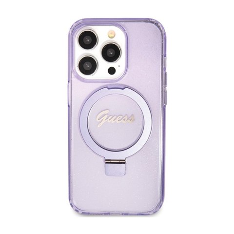 Guess Ring Stand Script Glitter MagSafe - Etui iPhone 15 Pro Max (fioletowy) Guess Ring Stand Script Glitter MagSafe - Etui iPhone 15 Pro Max (fioletowy)