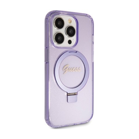 Guess Ring Stand Script Glitter MagSafe - Etui iPhone 15 Pro Max (fioletowy) Guess Ring Stand Script Glitter MagSafe - Etui iPhone 15 Pro Max (fioletowy)