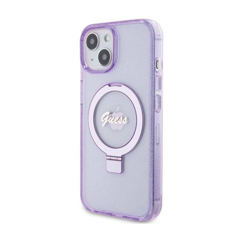 Guess Ring Stand Script Glitter MagSafe - Etui iPhone 15 (fioletowy) Guess Ring Stand Script Glitter MagSafe - Etui iPhone 15 (fioletowy)