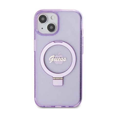 Guess Ring Stand Script Glitter MagSafe - Etui iPhone 15 (fioletowy) Guess Ring Stand Script Glitter MagSafe - Etui iPhone 15 (fioletowy)