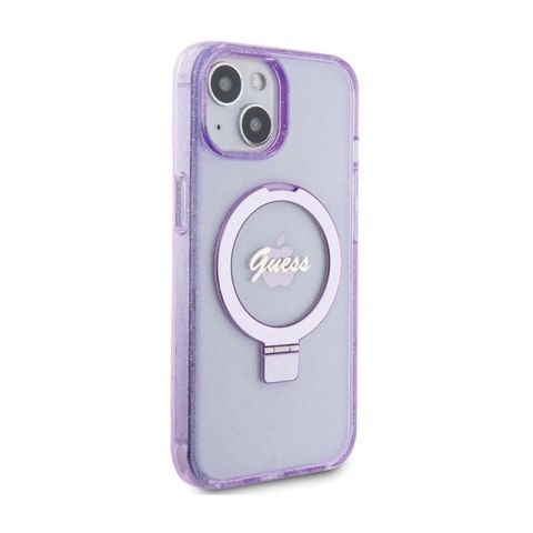 Guess Ring Stand Script Glitter MagSafe - Etui iPhone 15 (fioletowy) Guess Ring Stand Script Glitter MagSafe - Etui iPhone 15 (fioletowy)