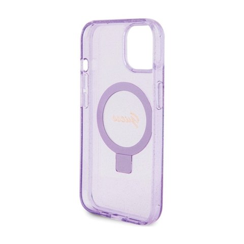 Guess Ring Stand Script Glitter MagSafe - Etui iPhone 15 (fioletowy) Guess Ring Stand Script Glitter MagSafe - Etui iPhone 15 (fioletowy)