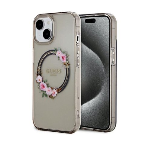 Guess IML Flowers Wreath MagSafe - Etui iPhone 15 (czarny) Guess IML Flowers Wreath MagSafe - Etui iPhone 15 (czarny)