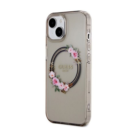 Guess IML Flowers Wreath MagSafe - Etui iPhone 15 (czarny) Guess IML Flowers Wreath MagSafe - Etui iPhone 15 (czarny)