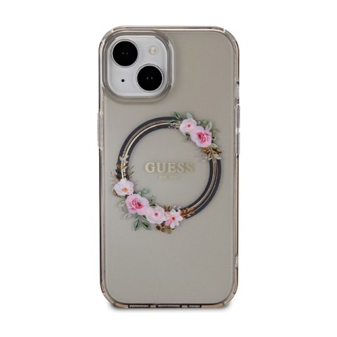 Guess IML Flowers Wreath MagSafe - Etui iPhone 15 (czarny) Guess IML Flowers Wreath MagSafe - Etui iPhone 15 (czarny)