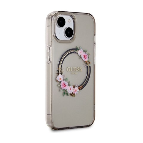 Guess IML Flowers Wreath MagSafe - Etui iPhone 15 (czarny) Guess IML Flowers Wreath MagSafe - Etui iPhone 15 (czarny)