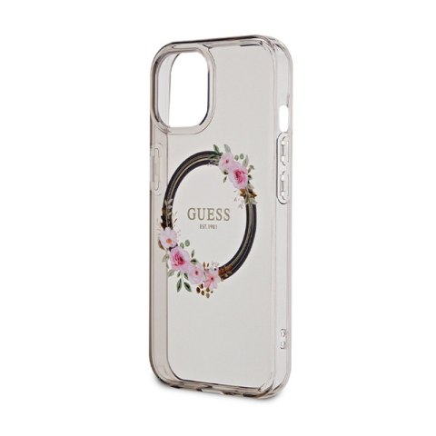 Guess IML Flowers Wreath MagSafe - Etui iPhone 15 (czarny) Guess IML Flowers Wreath MagSafe - Etui iPhone 15 (czarny)