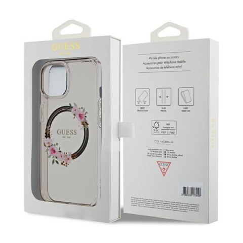 Guess IML Flowers Wreath MagSafe - Etui iPhone 15 (czarny) Guess IML Flowers Wreath MagSafe - Etui iPhone 15 (czarny)