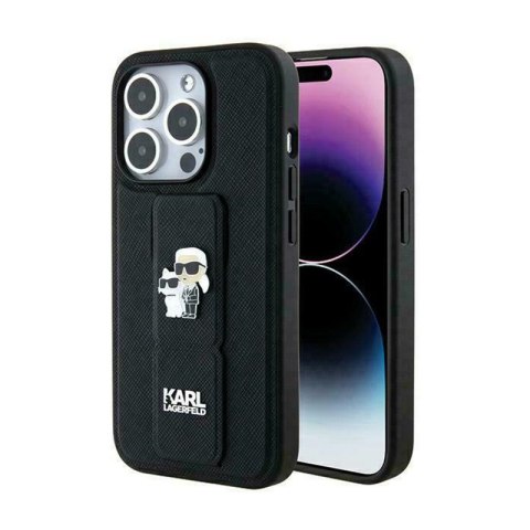 Karl Lagerfeld Gripstand Saffiano Karl & Choupette Pins - Etui iPhone 13 Pro Max (czarny) Karl Lagerfeld Gripstand Saffiano Karl & Choupette Pins - Etui iPhone 13 Pro Max (czarny)