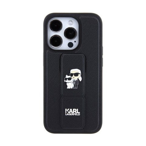 Karl Lagerfeld Gripstand Saffiano Karl & Choupette Pins - Etui iPhone 13 Pro Max (czarny) Karl Lagerfeld Gripstand Saffiano Karl & Choupette Pins - Etui iPhone 13 Pro Max (czarny)