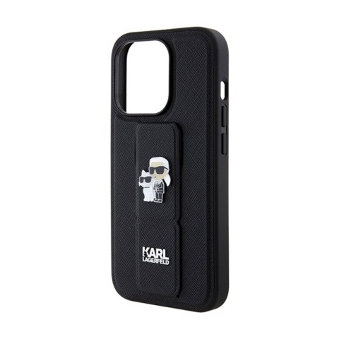 Karl Lagerfeld Gripstand Saffiano Karl & Choupette Pins - Etui iPhone 13 Pro Max (czarny) Karl Lagerfeld Gripstand Saffiano Karl & Choupette Pins - Etui iPhone 13 Pro Max (czarny)
