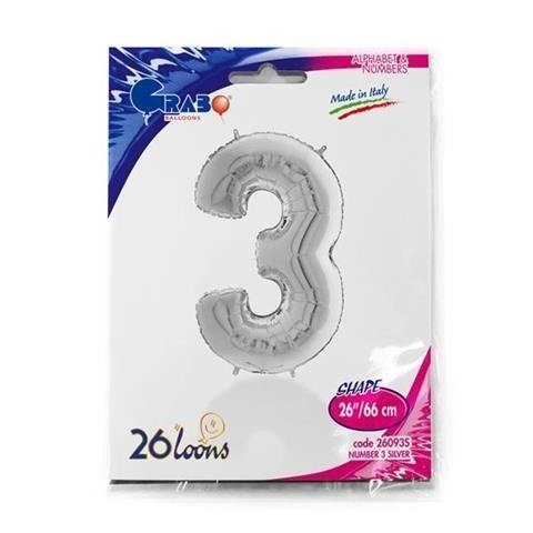 Balon Foliowy Cyfra 3, Srebrna, 66 cm Grabo Balon Foliowy Cyfra 3, Srebrna, 66 cm Grabo