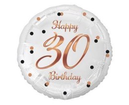 Balon foliowy Happy 30 Birthday, biały, nadruk różowo-złoty, 18'