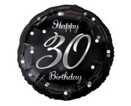 Balon foliowy Happy 30 Birthday, czarny srebrny nadruk, 46 cm