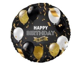 Balon foliowy Happy Birthday czarny, biało złoty nadruk, 45 cm