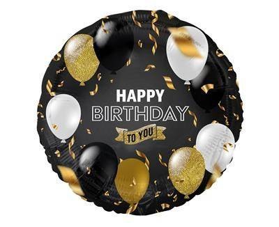 Balon foliowy Happy Birthday czarny, biało złoty nadruk, 45 cm Balon foliowy Happy Birthday czarny, biało złoty nadruk, 45 cm