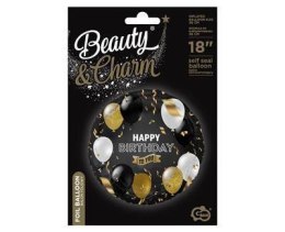 Balon foliowy Happy Birthday czarny, biało złoty nadruk, 45 cm